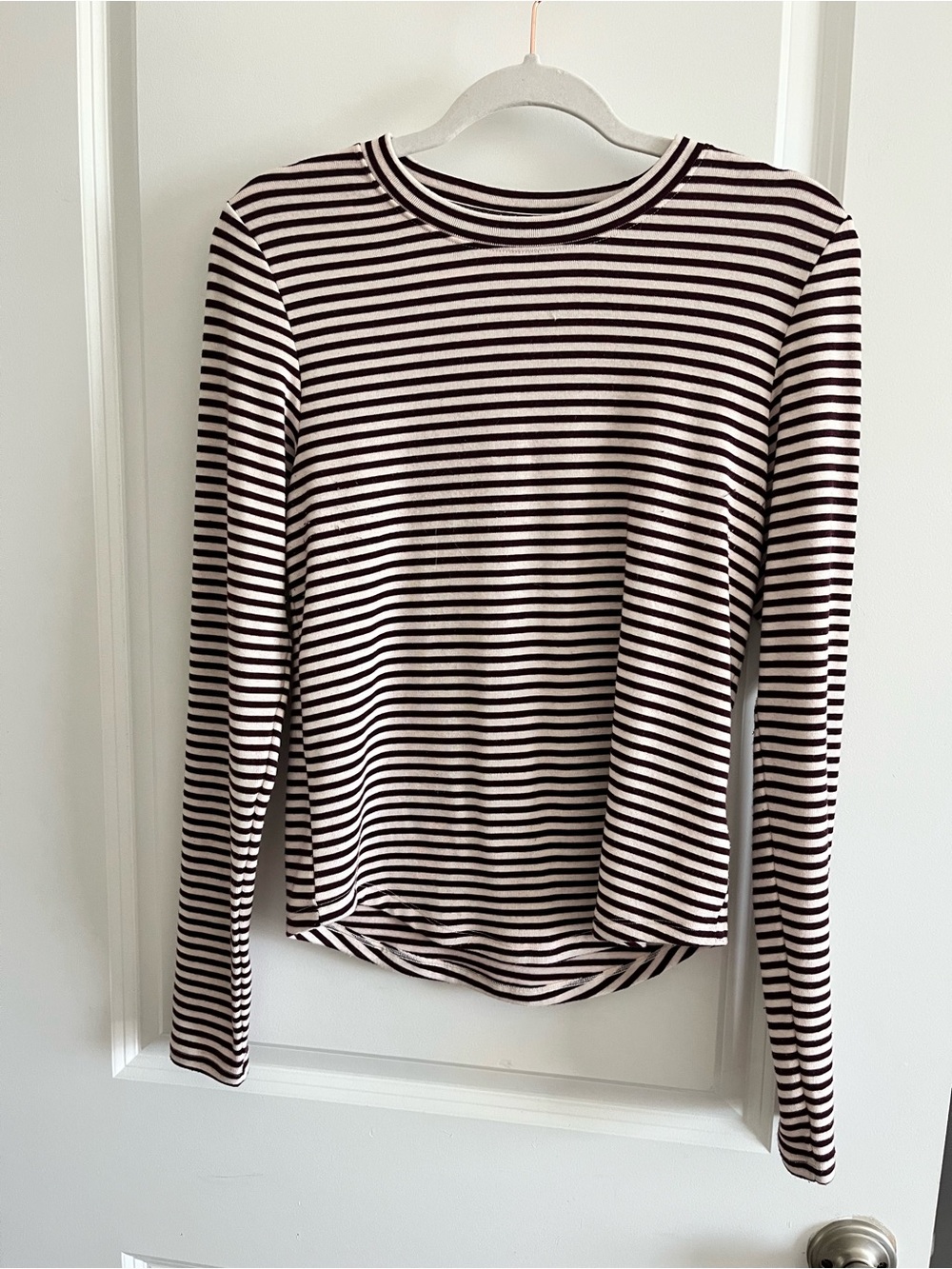 American Eagle Outfitters maroon and Cream Striped Long-Sleeve Crew